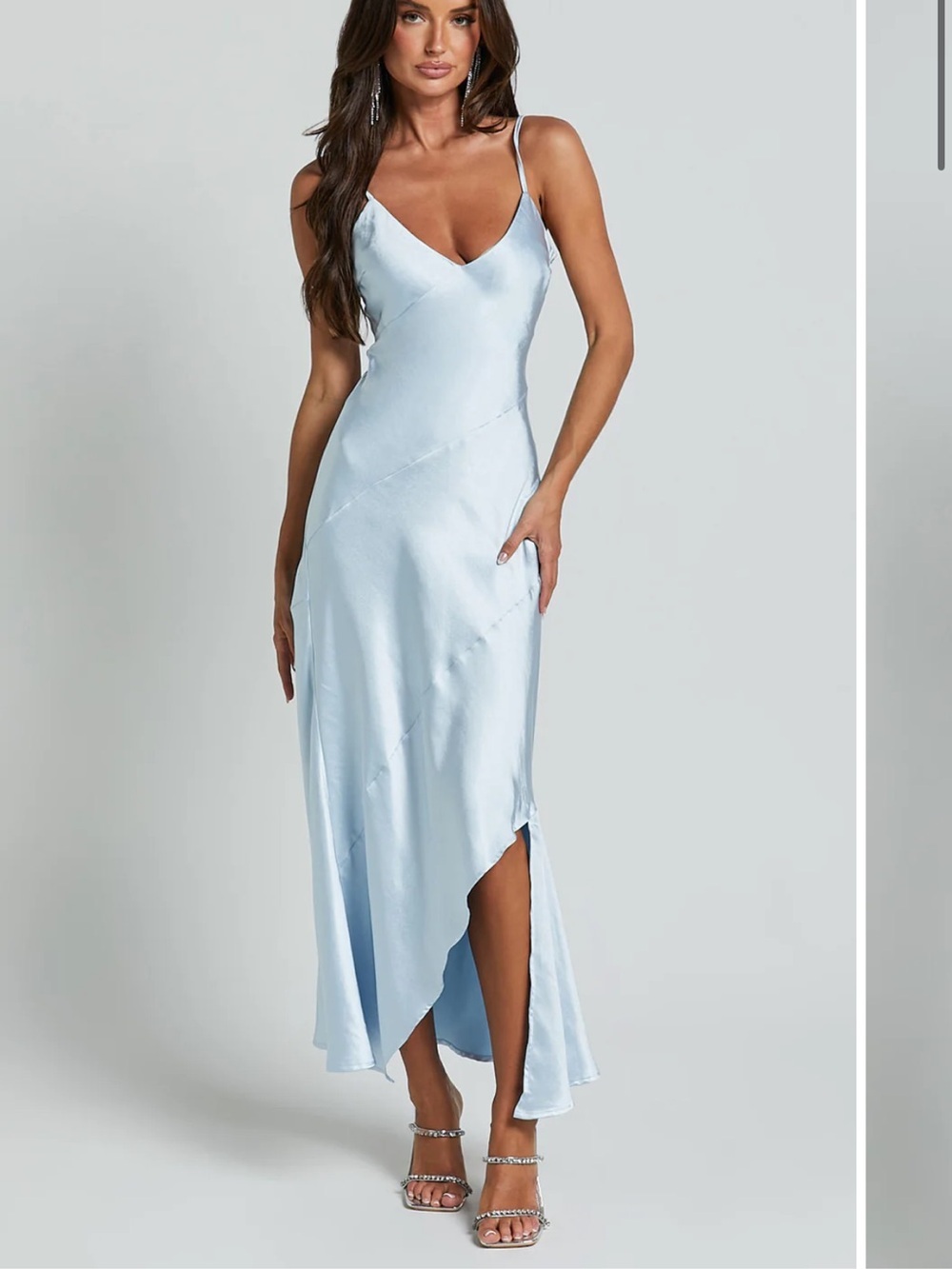 Light Blue Satin Slip Midi Dress with Asymmetric Hem